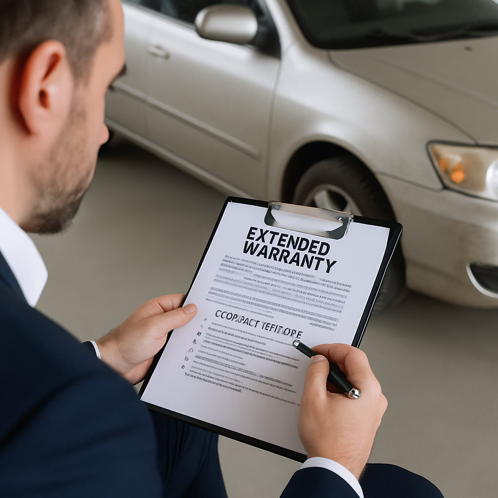 A professional reviews extended car warranty documents for a high mileage vehicle in Michigan, highlighting coverage options.