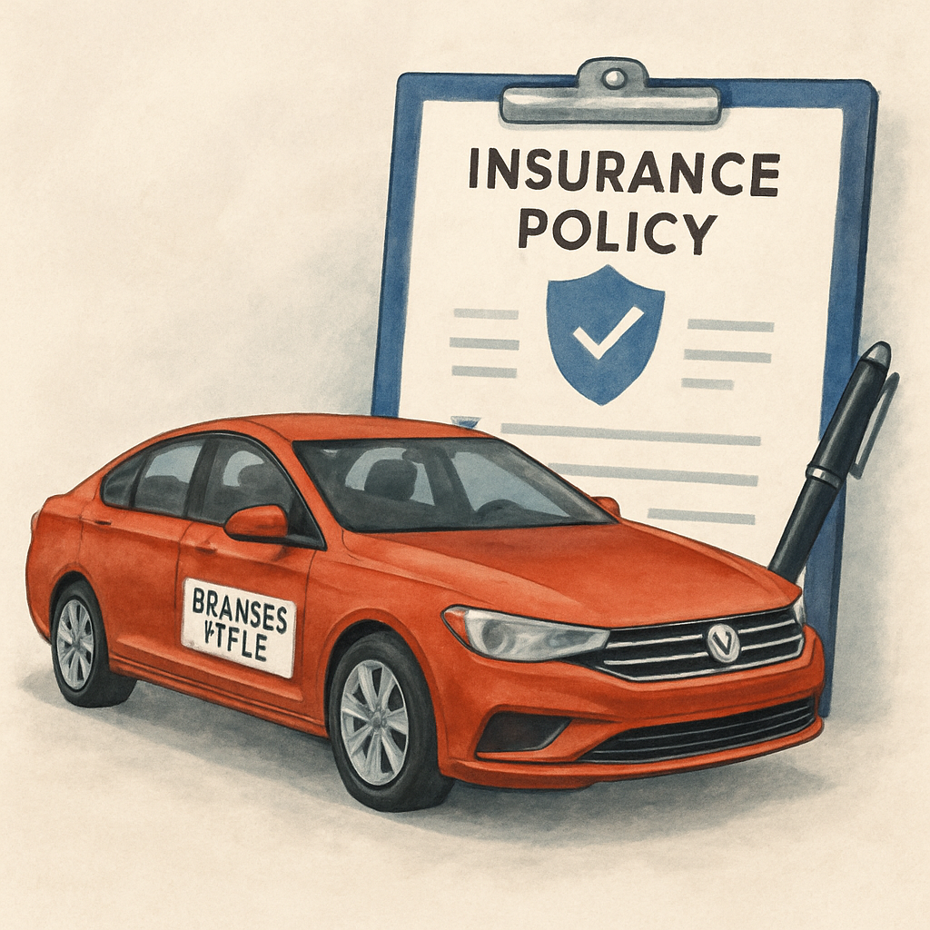 Illustration of a branded title vehicle with insurance policy documents highlighting coverage options and considerations.
