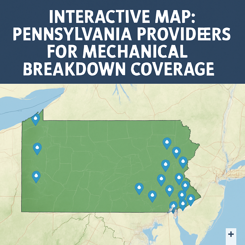 Interactive map displaying Pennsylvania providers offering mechanical breakdown coverage, highlighting service locations and coverage options.
