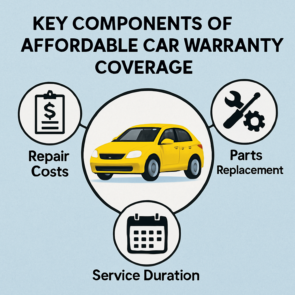 Diagram illustrating key components of affordable car warranty coverage, including repair costs, parts replacement, and service duration.