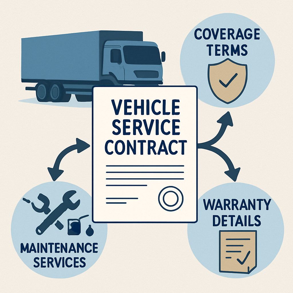 Diagram illustrating key components of a vehicle service contract for commercial vehicles, including coverage terms, maintenance services, and warranty details.