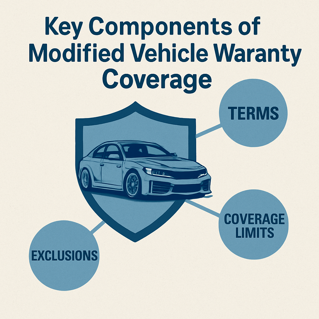 Diagram illustrating key components of modified vehicle warranty coverage including terms, exclusions, and coverage limits.