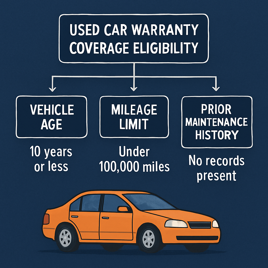 Flowchart outlining key criteria for used car warranty coverage eligibility, including vehicle age, mileage limits, and prior maintenance history.
