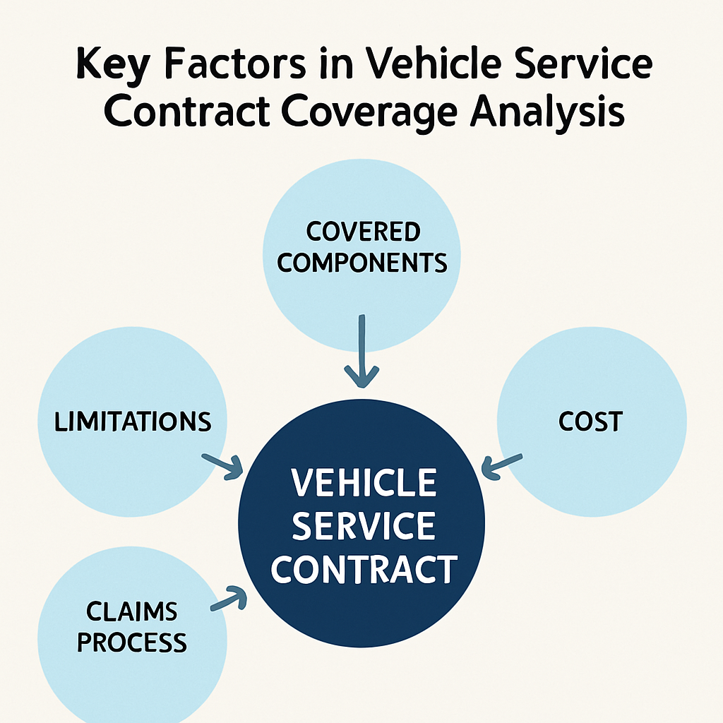 Diagram outlining key factors in vehicle service contract reviews and coverage analysis.