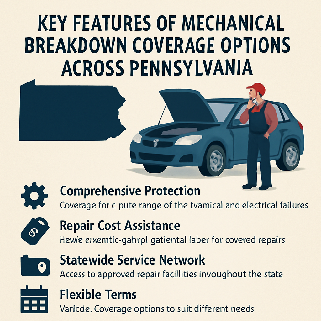 Infographic outlining key features and benefits of mechanical breakdown coverage options available in Pennsylvania.