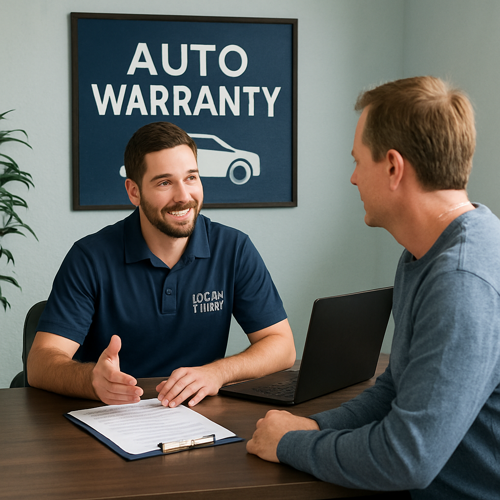 A local auto warranty company representative discussing tailored warranty solutions with a customer.
