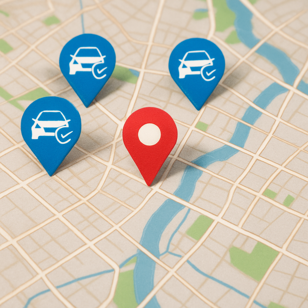 Map highlighting nearby trusted third-party auto warranty providers for reliable vehicle coverage.