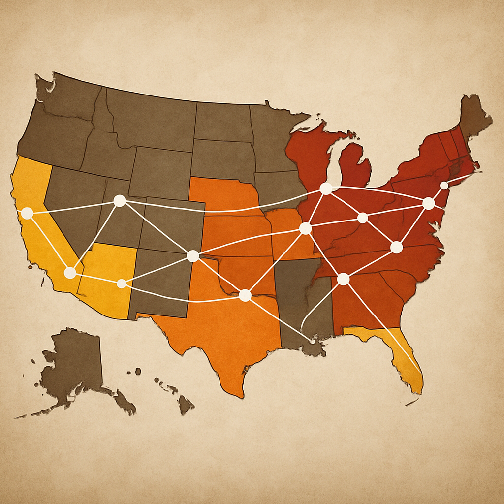 Map illustrating high mileage car warranty coverage across United States repair networks with highlighted regions and network connections.