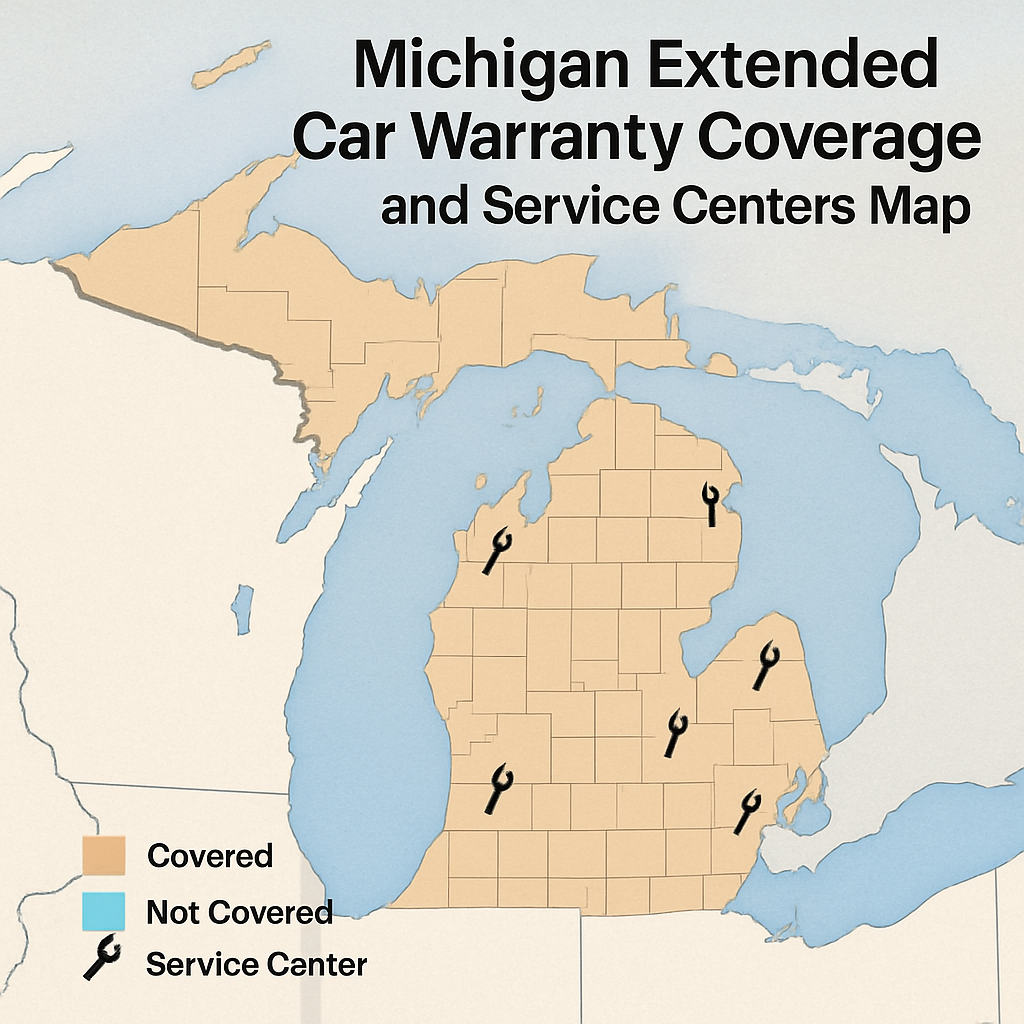 Map showing extended car warranty coverage areas and service center locations across Michigan.