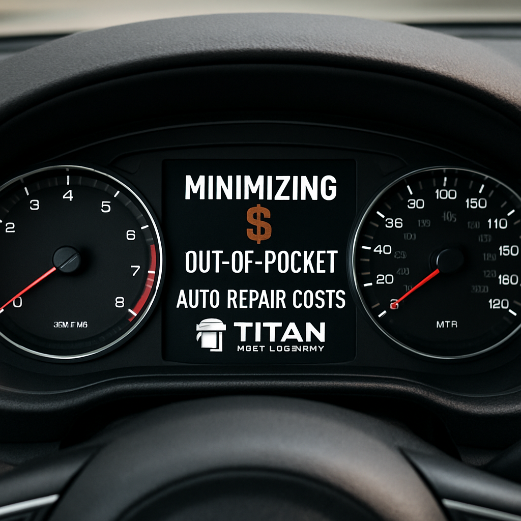Car dashboard with repair cost indicators emphasizing out-of-pocket auto repair protection through Titan Auto Warranty.