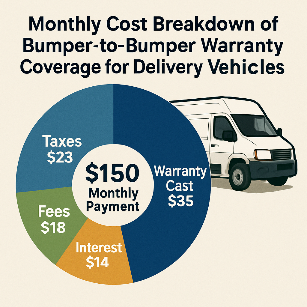 Monthly cost breakdown of bumper-to-bumper warranty coverage for delivery vehicles showing detailed payment components.