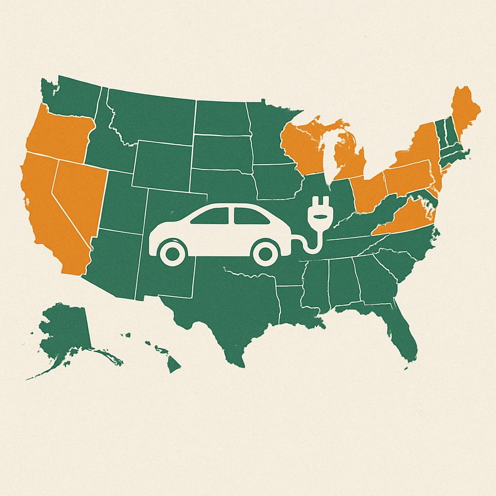 Map displaying nationwide EV warranty coverage with regional variations highlighted, indicating comprehensive protection across most areas.