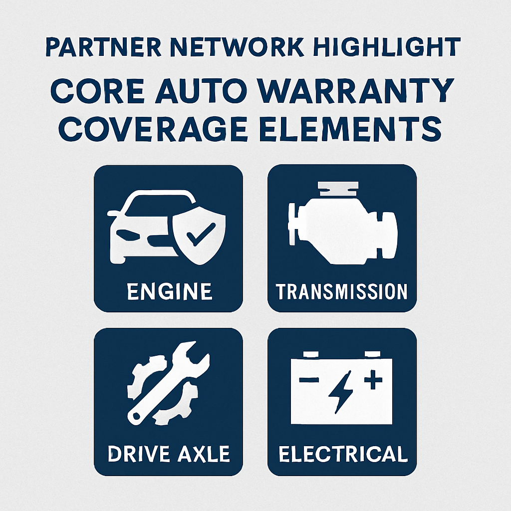 Core auto warranty coverage elements provided by our partners, detailing key protection features.