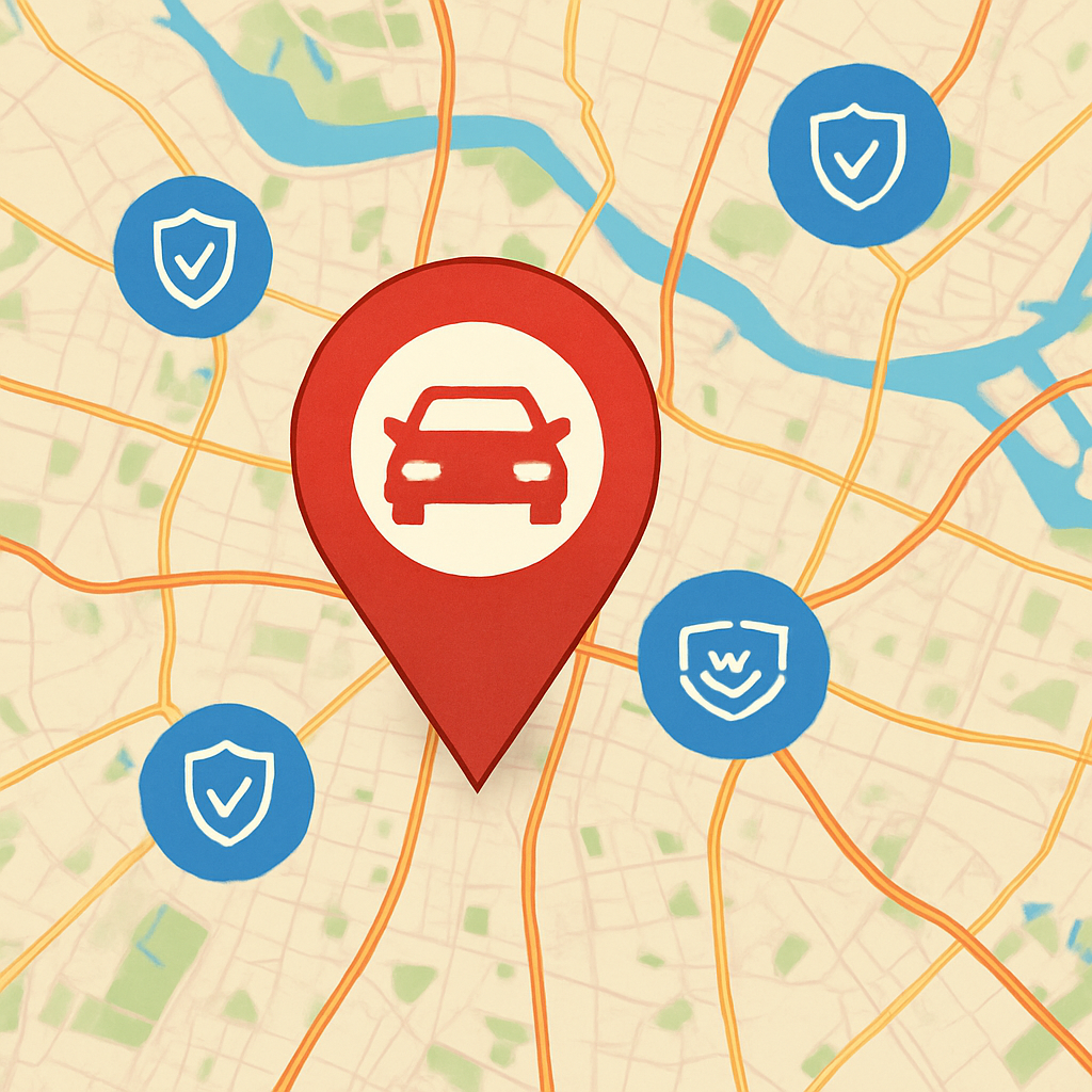 Map highlighting local providers offering high mileage car warranty services, with icons indicating coverage options and nearby locations.