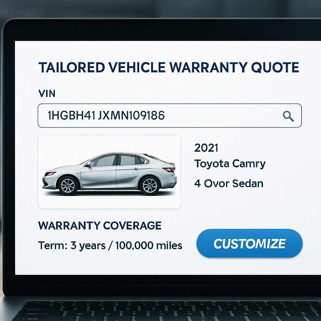A digital interface displaying a tailored vehicle warranty quote based on the VIN, highlighting precision and customization options.