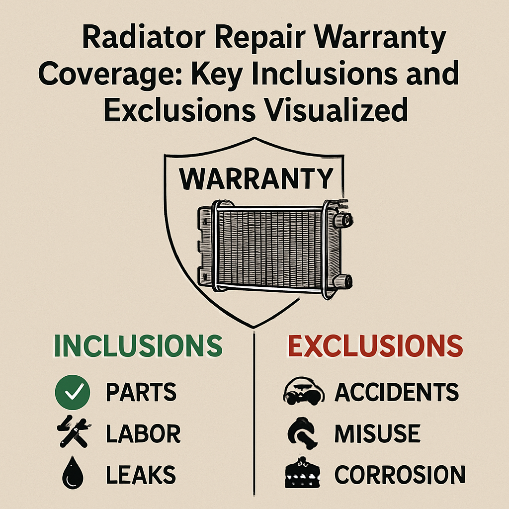 Diagram illustrating key inclusions and exclusions of radiator repair warranty coverage with labeled sections and icons.