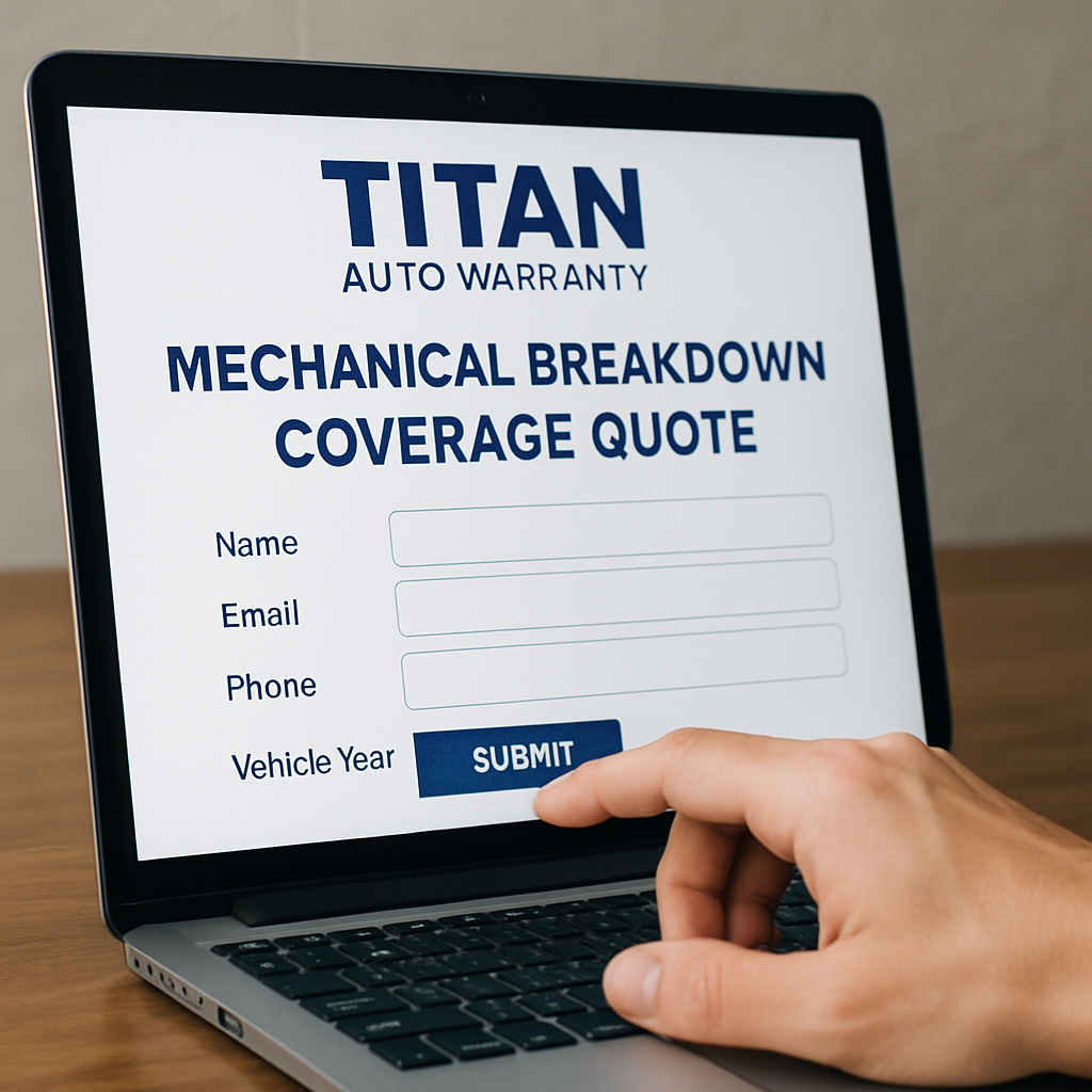 Person submitting a mechanical breakdown coverage quote request form at Titan Auto Warranty website.