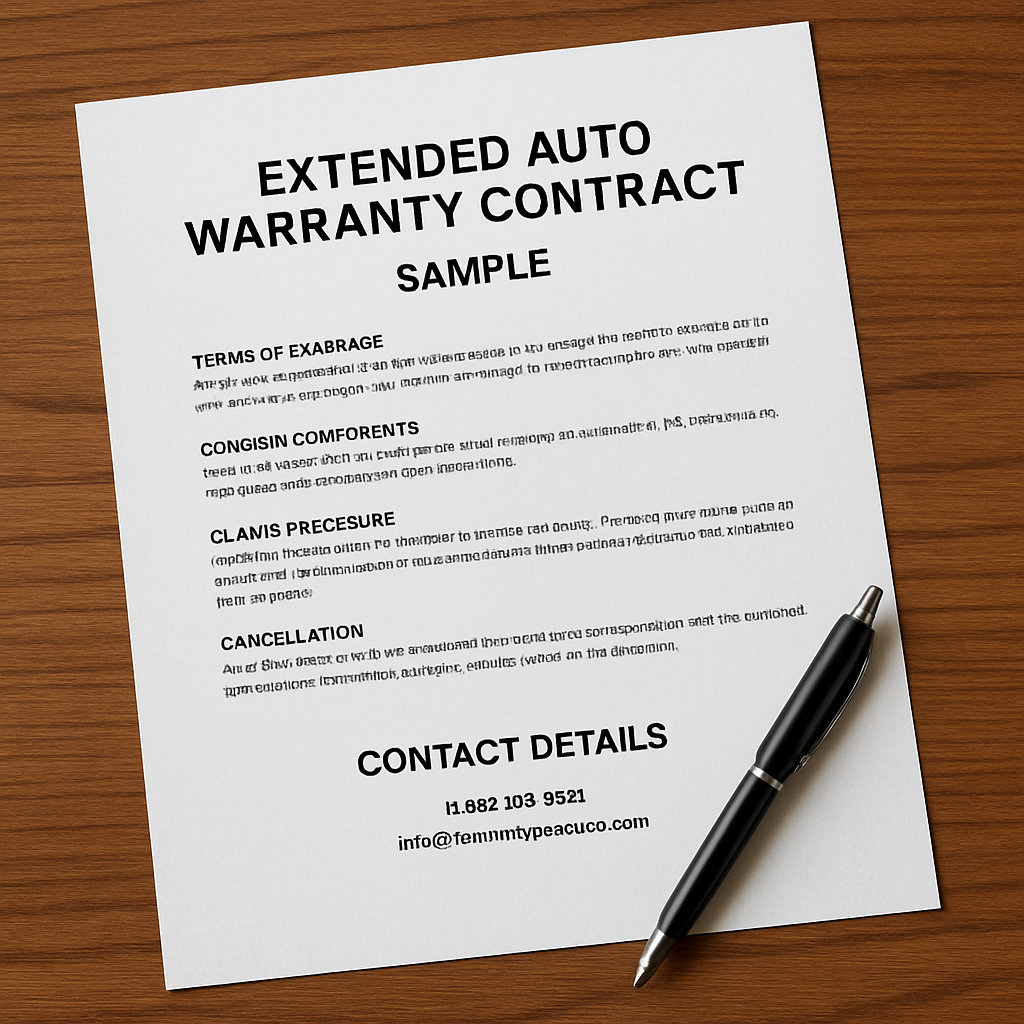 Sample extended auto warranty contract document displaying terms and contact details.