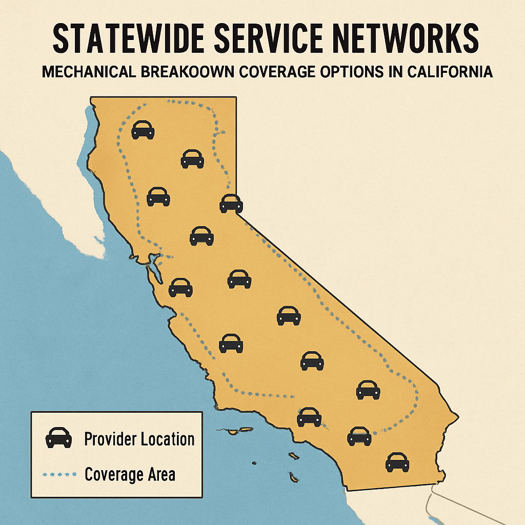 Map illustrating statewide service networks and mechanical breakdown coverage options in California, highlighting provider locations and coverage areas.