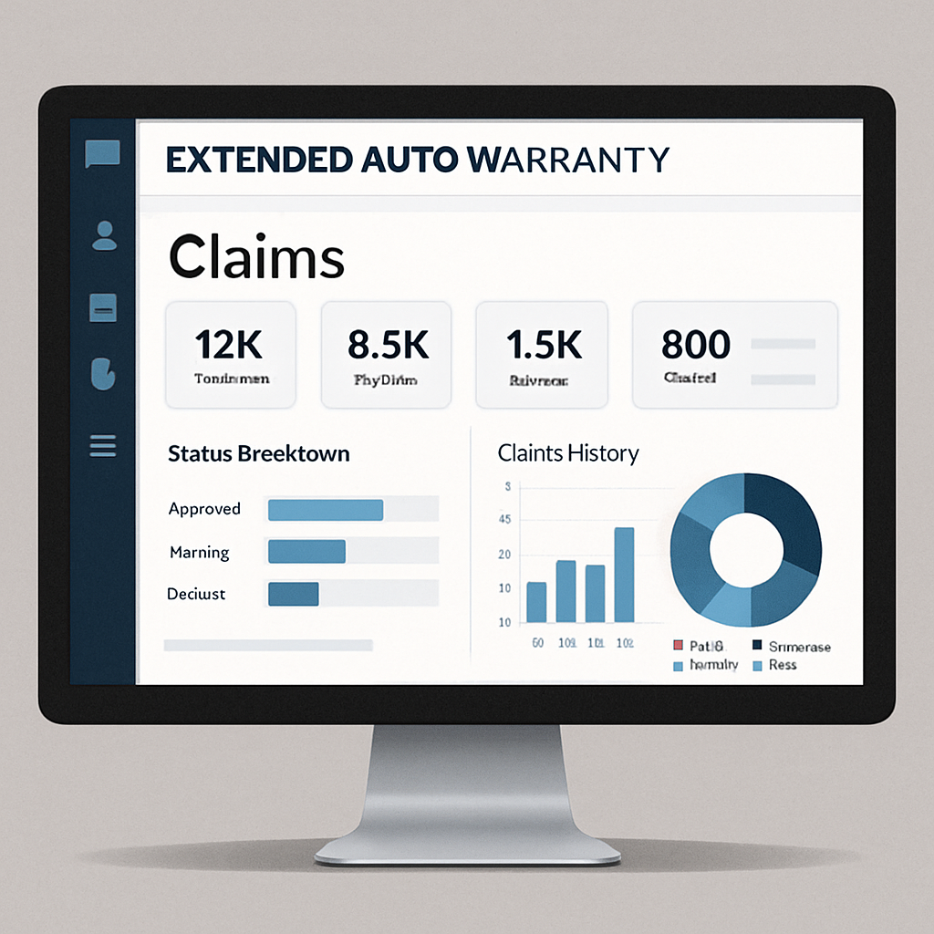 Dashboard displaying streamlined claims process for extended auto warranty support with charts and data analytics.