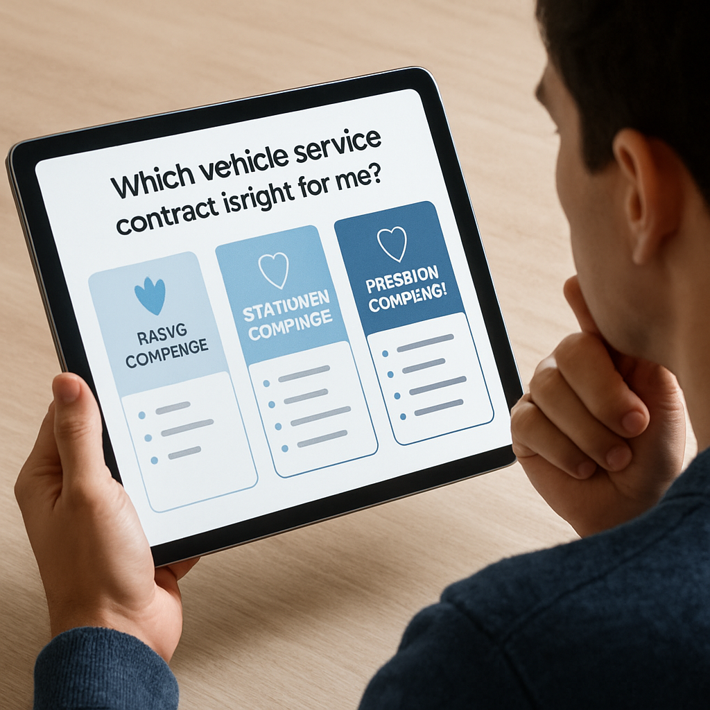 A person reviewing various vehicle service contract options on a digital device, contemplating the best choice for their needs.