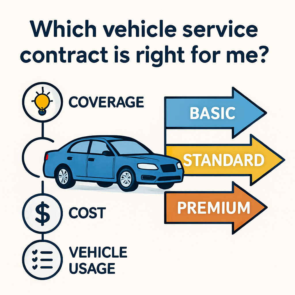 A diagram comparing different vehicle service contract options, highlighting factors to consider when choosing the appropriate coverage.