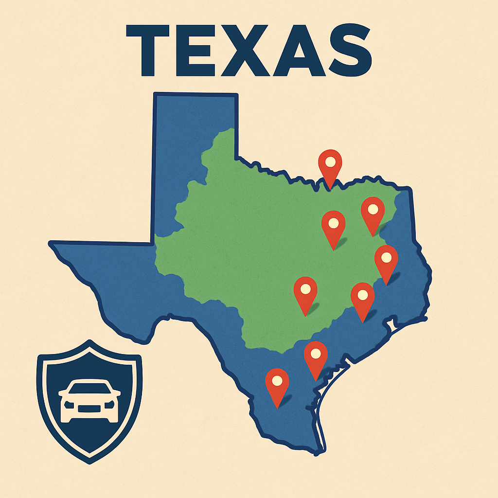 Map of Texas highlighting extended car warranty coverage areas and provider network locations.