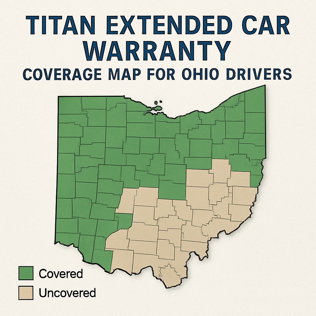 Map displaying extended car warranty coverage areas across Ohio for drivers.
