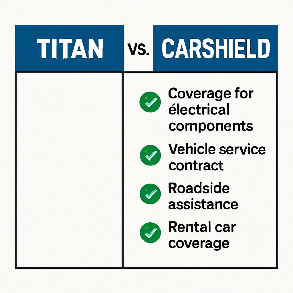 Side-by-side comparison chart of Titan and CarShield electrical repair coverage, highlighting key benefits and features of CarShield.