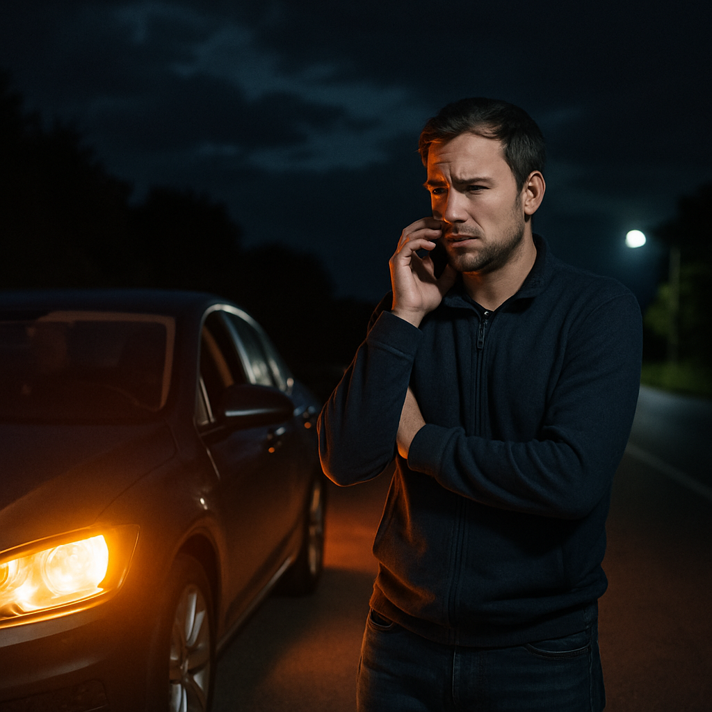Title: “After-Hours Roadside Assistance: Navigating Coverage for Unexpected Breakdowns” A car with hazard lights on parked on a dark roadside, a driver on the phone seeking after-hours roadside assistance.