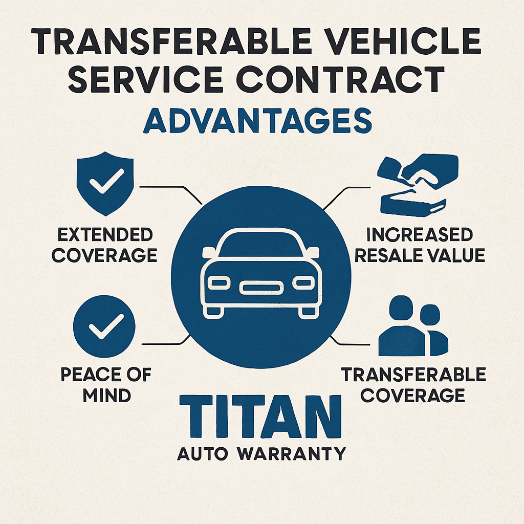 Diagram illustrating the key advantages of a transferable vehicle service contract with Titan Auto Warranty, highlighting coverage benefits and ownership transferability.