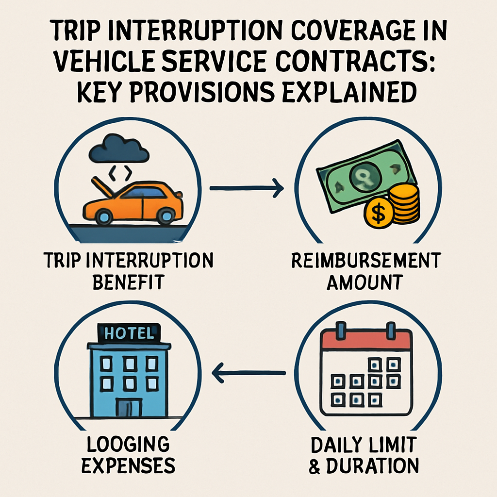 Diagram illustrating key provisions of trip interruption benefit in vehicle service contracts.