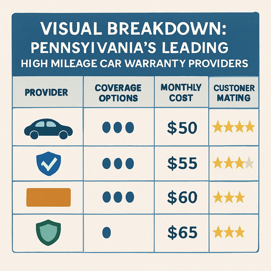 Chart comparing top high mileage car warranty providers in Pennsylvania, highlighting coverage options, pricing, and customer ratings.