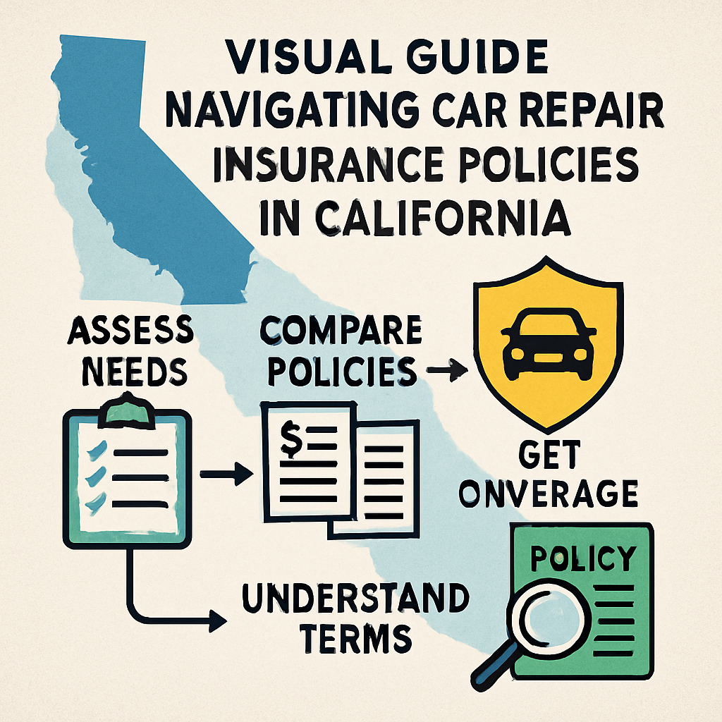 Diagram illustrating the process of navigating car repair insurance policies in California, highlighting key steps and considerations for securing coverage.
