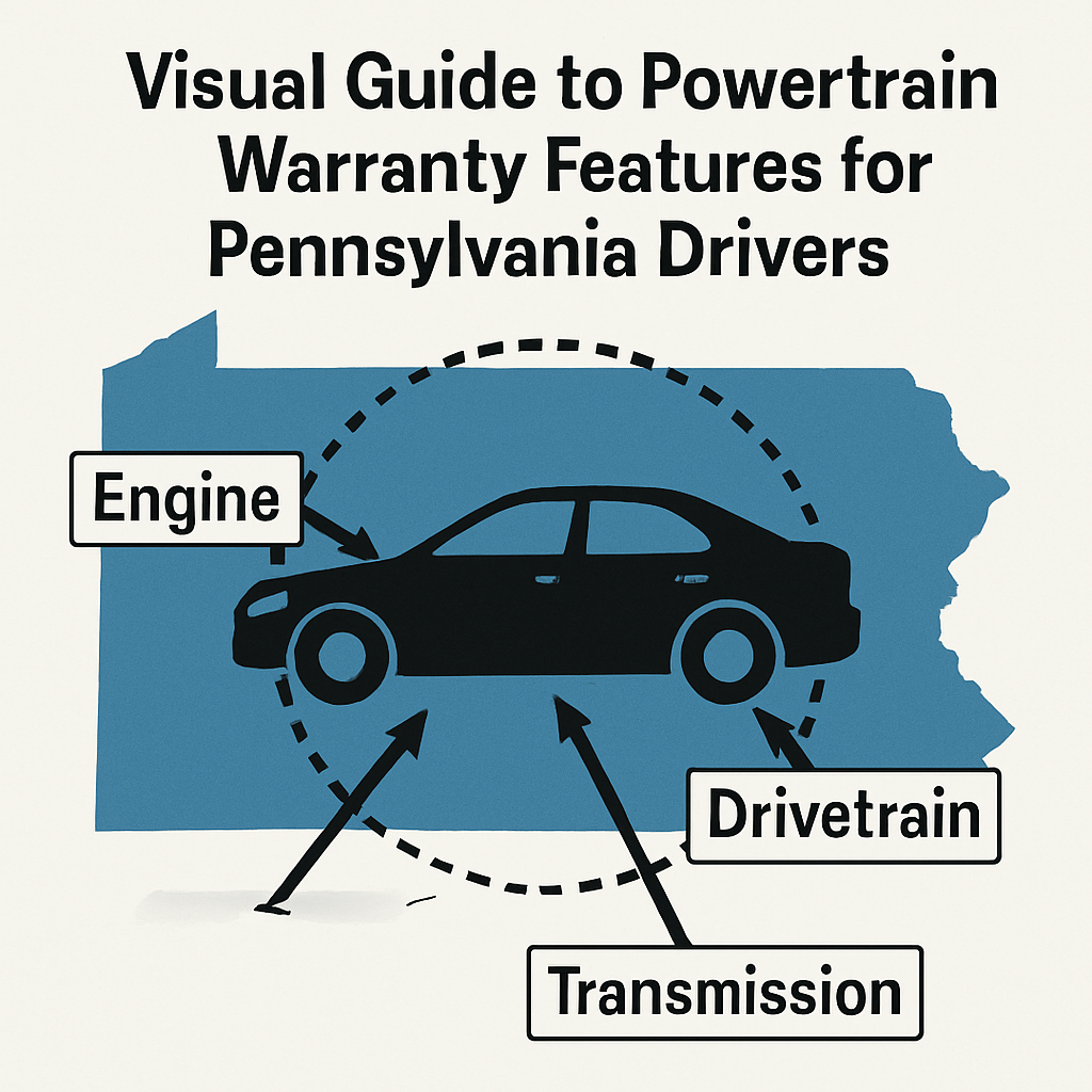 Diagram highlighting key powertrain warranty coverage features for Pennsylvania drivers, including engine, transmission, and drivetrain protection.