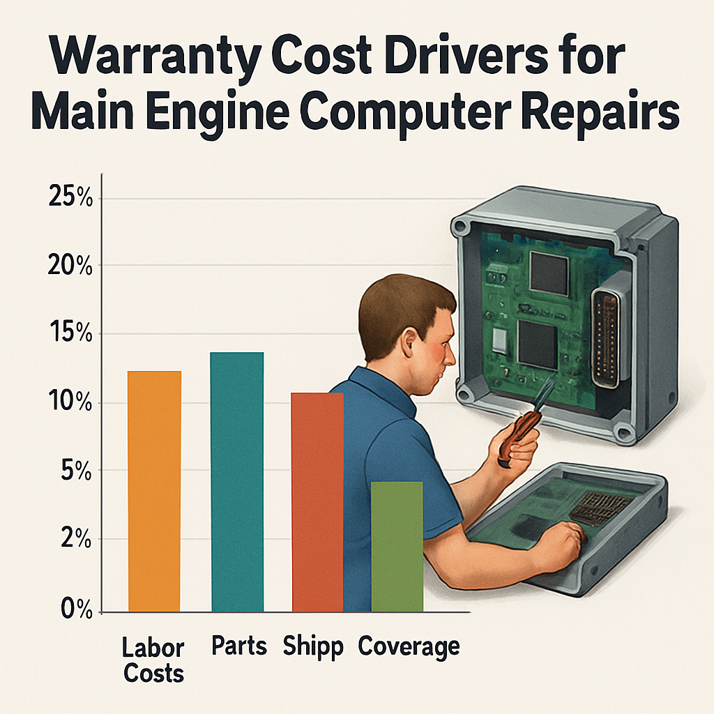 Chart illustrating key factors influencing warranty costs for main engine computer repairs and coverage specifics.