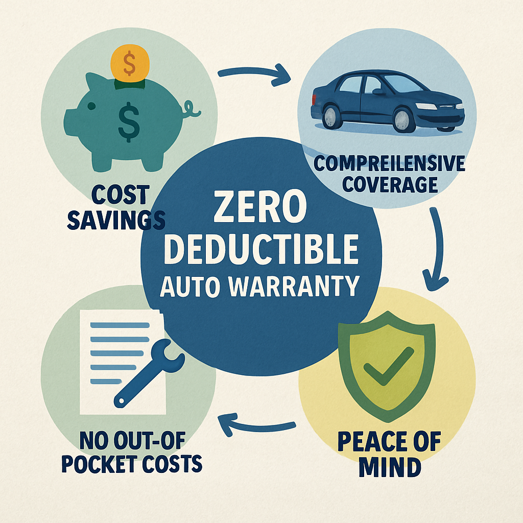 Diagram illustrating the benefits of a zero deductible auto warranty, highlighting cost savings and comprehensive coverage.