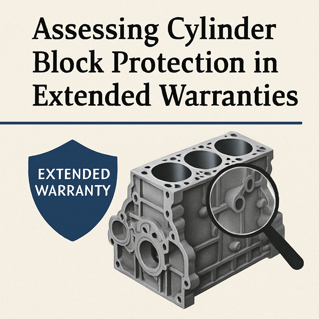 Diagram illustrating the coverage of a cylinder block under extended warranties, highlighting key components and conditions.