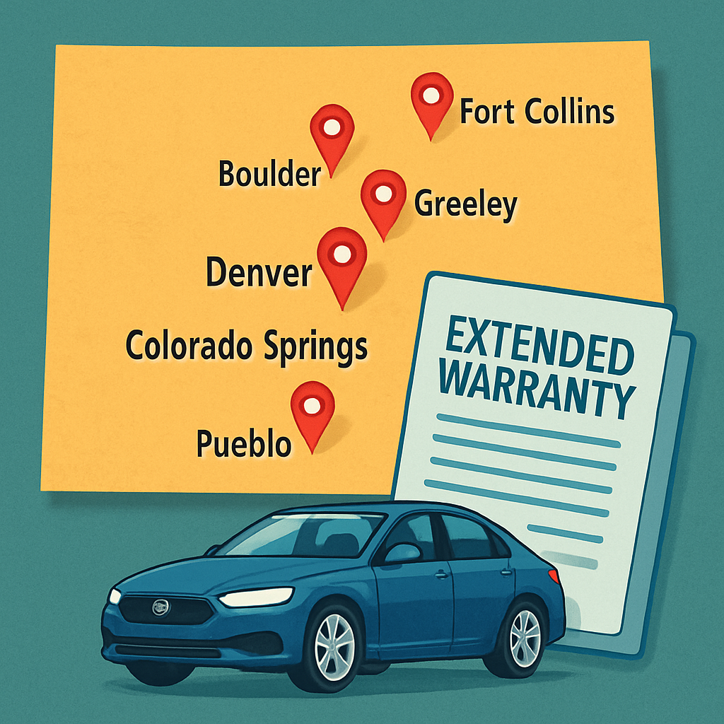Map of Colorado highlighting major cities with pins, showing quick and easy options for extended car warranty quotes by ZIP code.