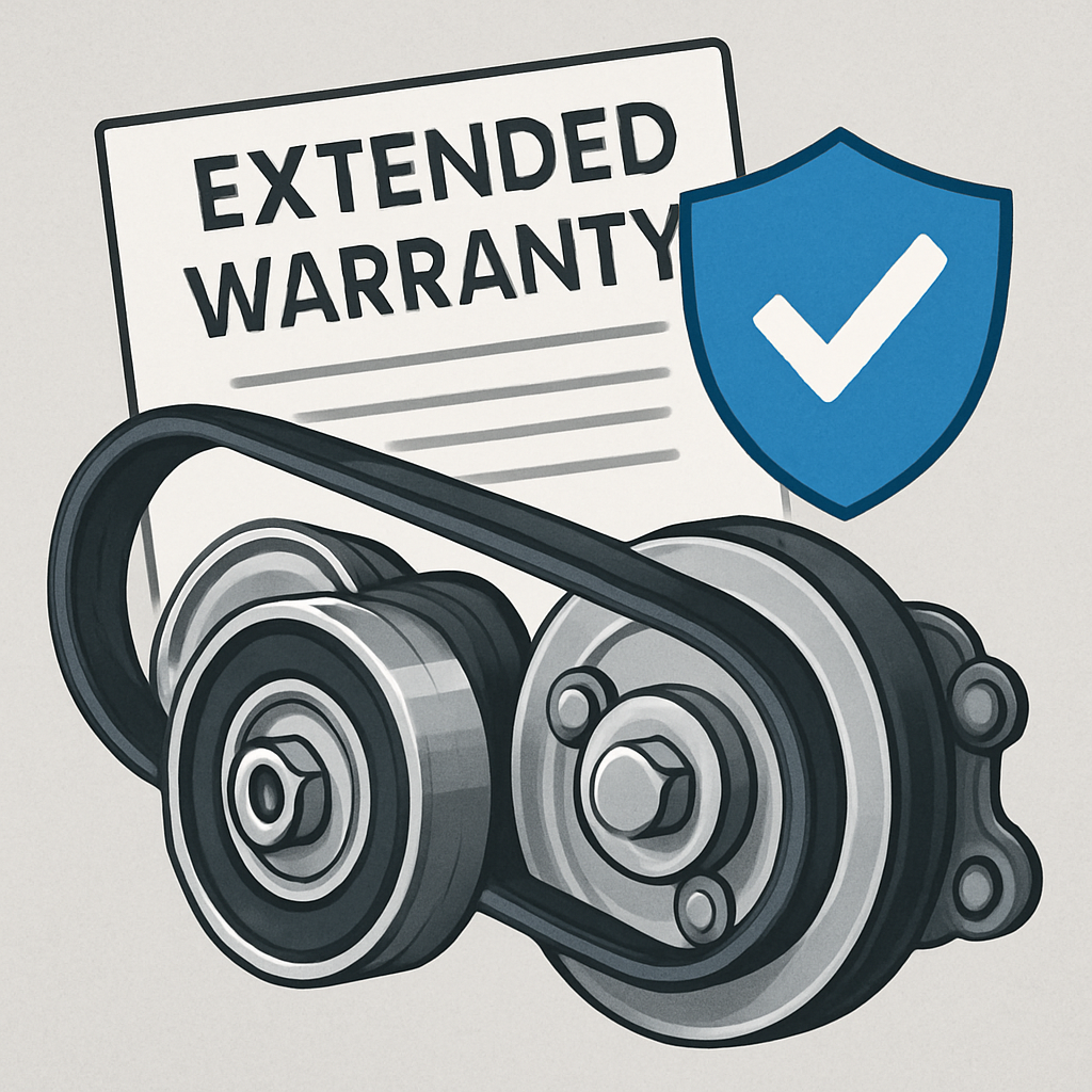 Alt text: A technical illustration highlighting the extended warranty coverage for idler pulleys, emphasizing comprehensive protection and benefits.