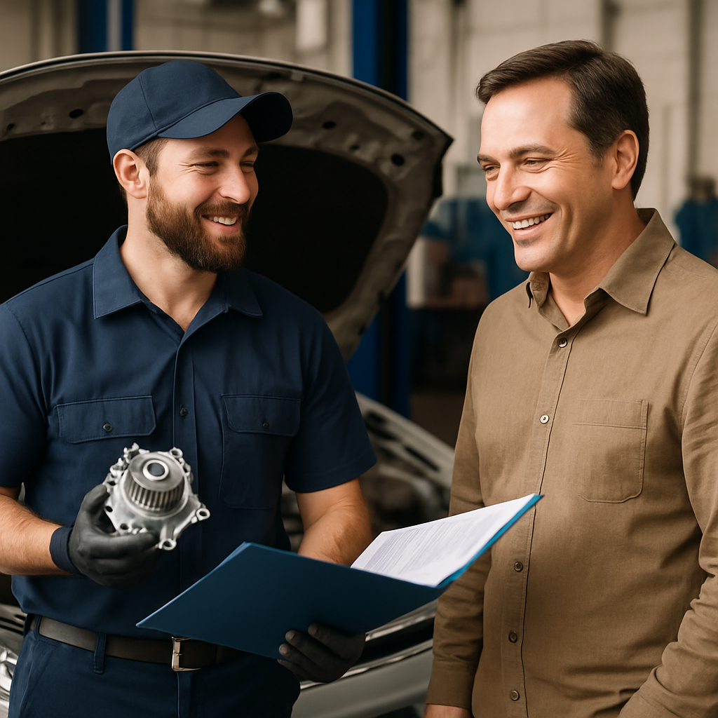 A smiling mechanic discussing water pump replacement with a satisfied car owner, highlighting coverage details in an extended warranty plan.