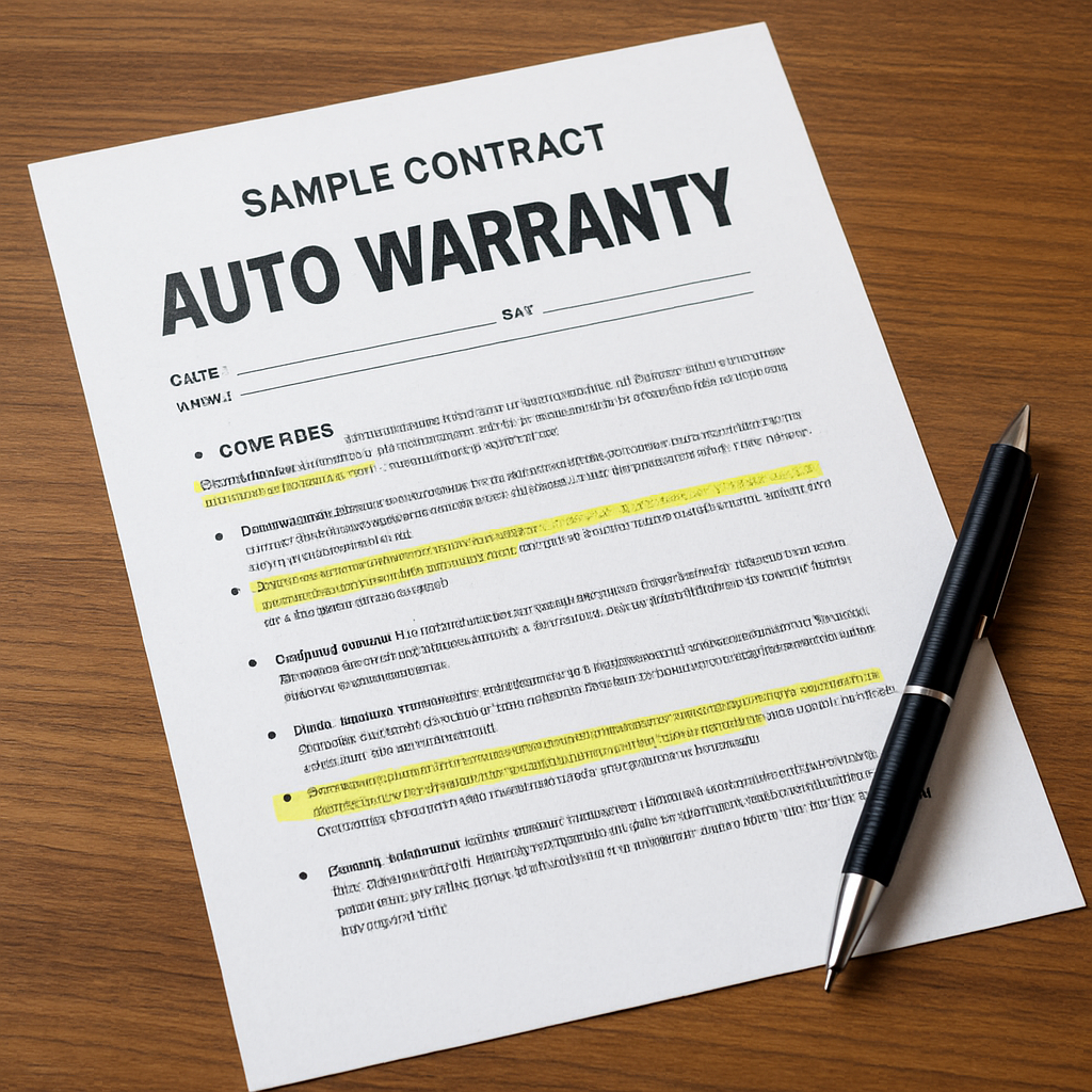 A sample auto warranty contract laid out on a desk, with highlighted sections and a pen beside it, ready for review.
