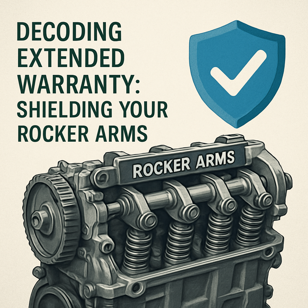 Illustration of a car engine highlighting rocker arms, accompanied by informative text addressing the coverage of rocker arms under extended warranty plans, emphasizing protection and peace of mind.