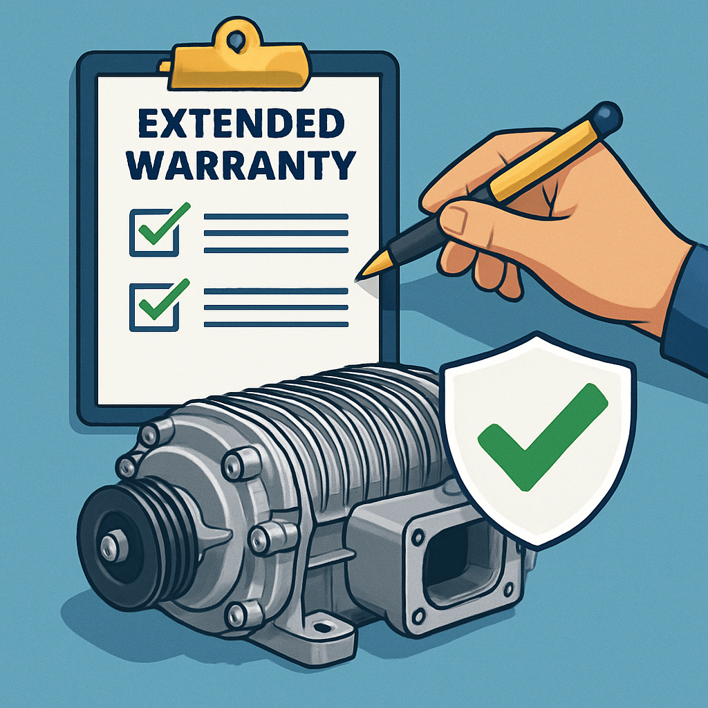 “Decoding Extended Warranty: Supercharger Housing Coverage” A detailed illustration of extended warranty options highlighting coverage for supercharger housing, depicted with technical clarity and positive emphasis.