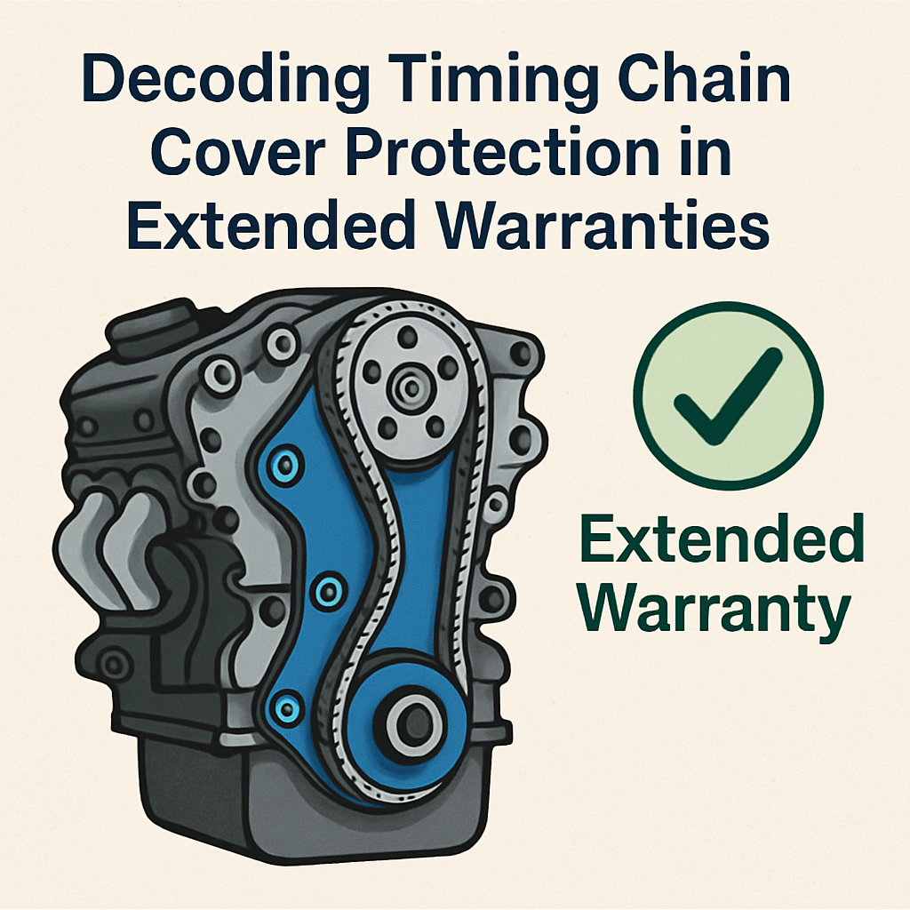 Alt Text: Technical illustration explaining coverage of timing chain cover protection in extended warranties, emphasizing positive aspects.