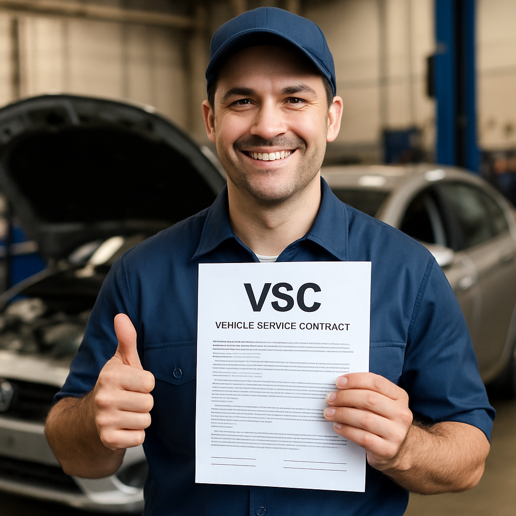 A smiling mechanic holding a VSC document, symbolizing easy and stress-free auto care through vehicle service contracts.