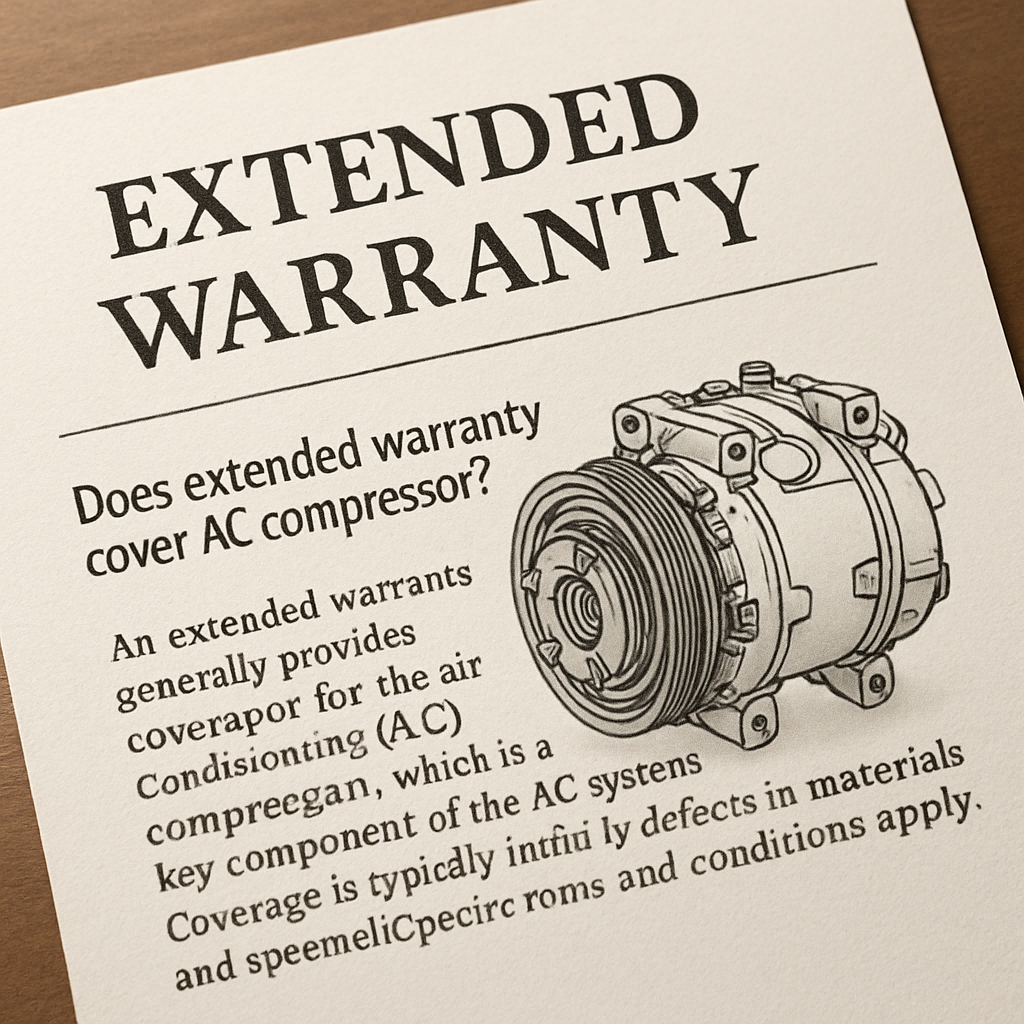 Illustration of extended warranty terms highlighting AC compressor coverage with technical details in a neutral tone.