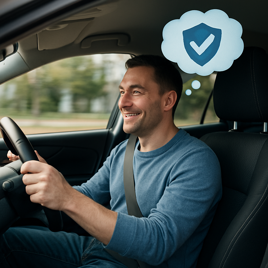A happy used car owner confidently driving their vehicle, considering the benefits of a vehicle service contract for peace of mind and added protection.