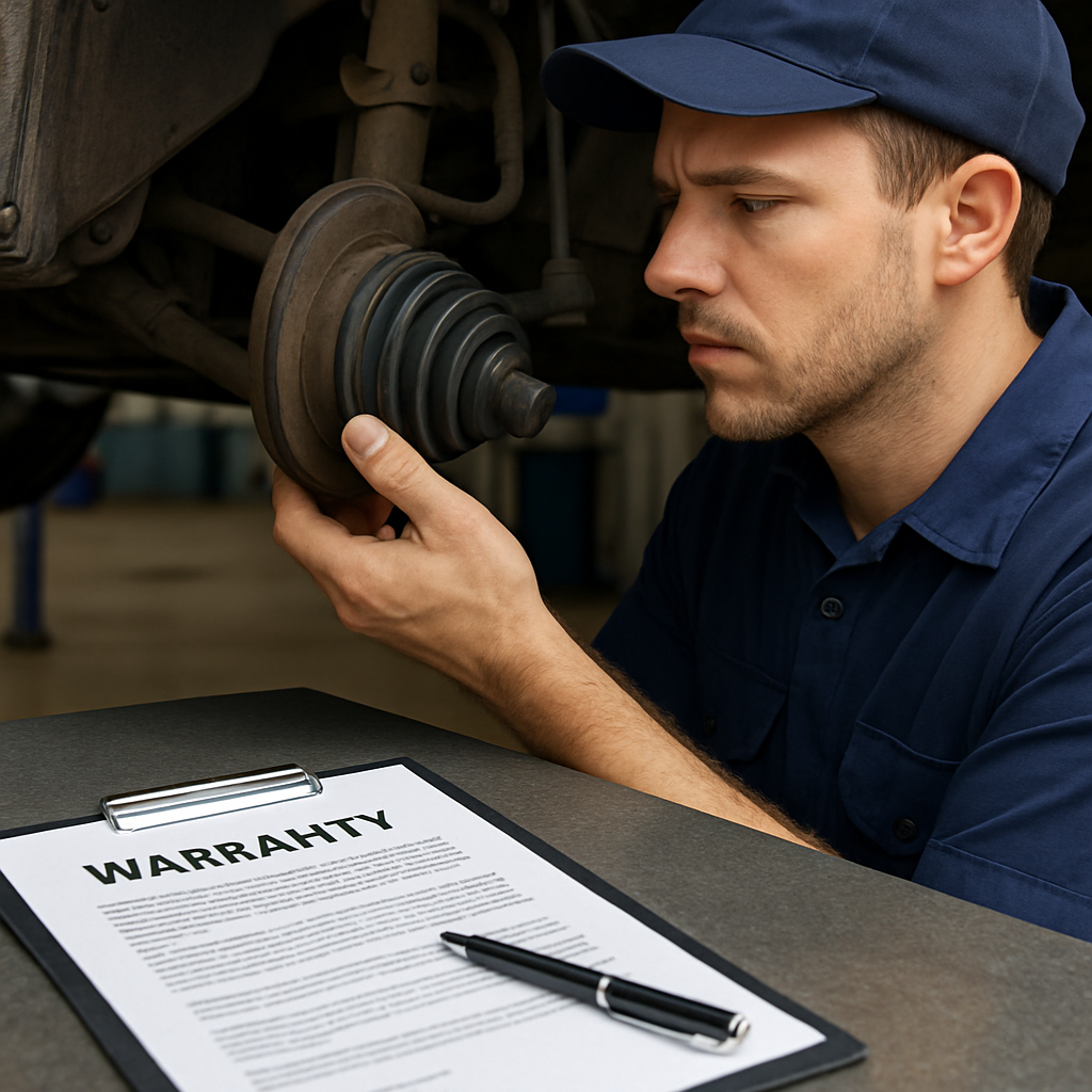 Mechanic inspecting a car's CV joint with warranty documents on a workbench, evaluating coverage options.