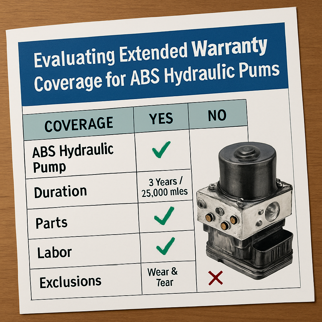 A detailed chart illustrating extended warranty coverage specifics for ABS hydraulic pumps in vehicles.